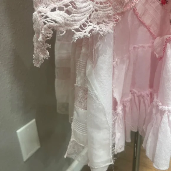 Pink Upcycled Boho Shabby Chic High Low  Dress with  Ruffles & Appliqués, Size M - Picture 5 of 13